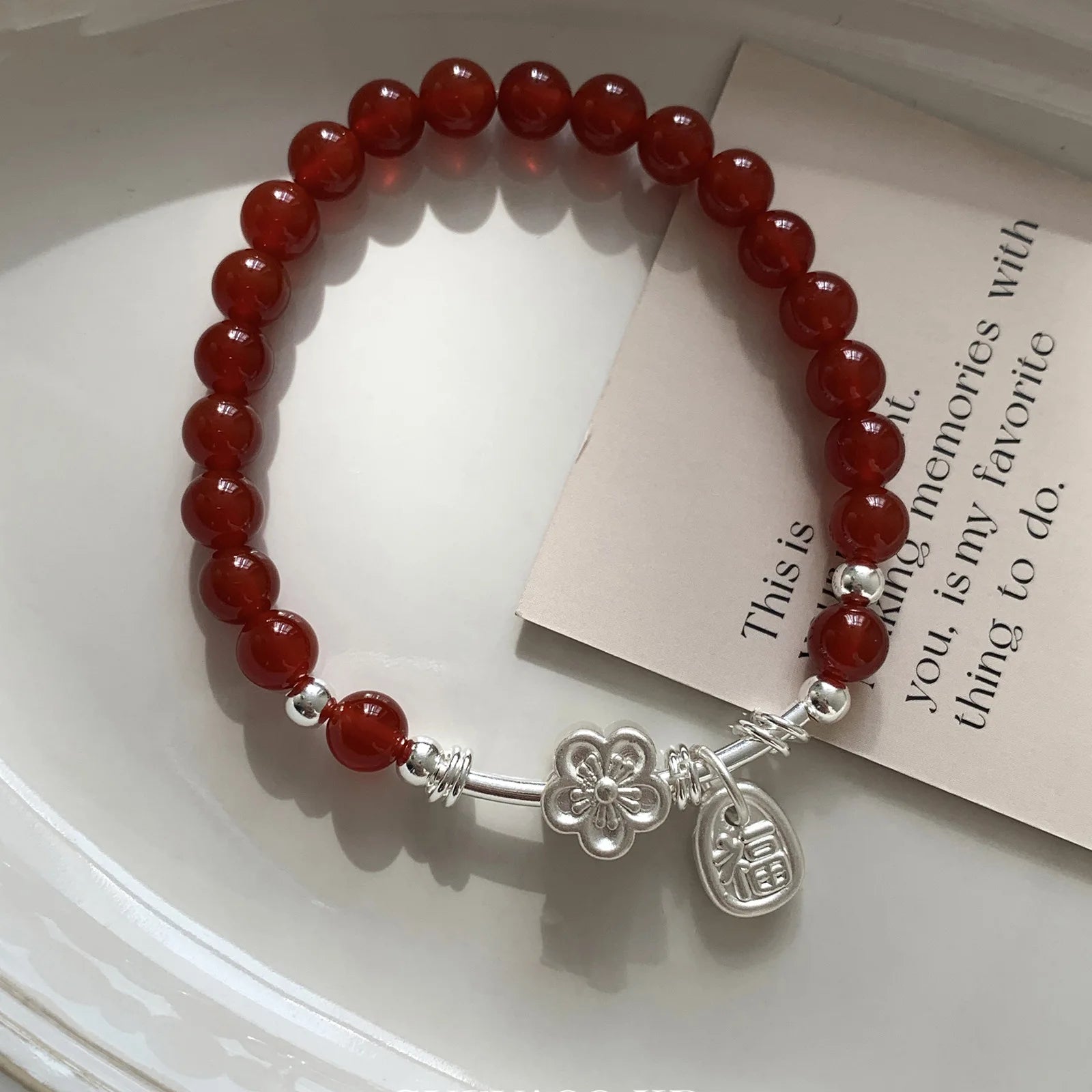 VENTFILLE 925 Sterling Silver Red Agate Bracelet | Flower Pendant Lucky Bead | Original Jewelry Gift for Women