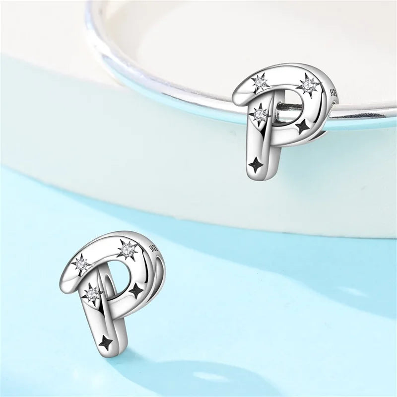 Classic 925 Sterling Silver A–Z Alphabet Charms | Letter Beads with Stars Fit Original Bracelet DIY Jewelry for Women