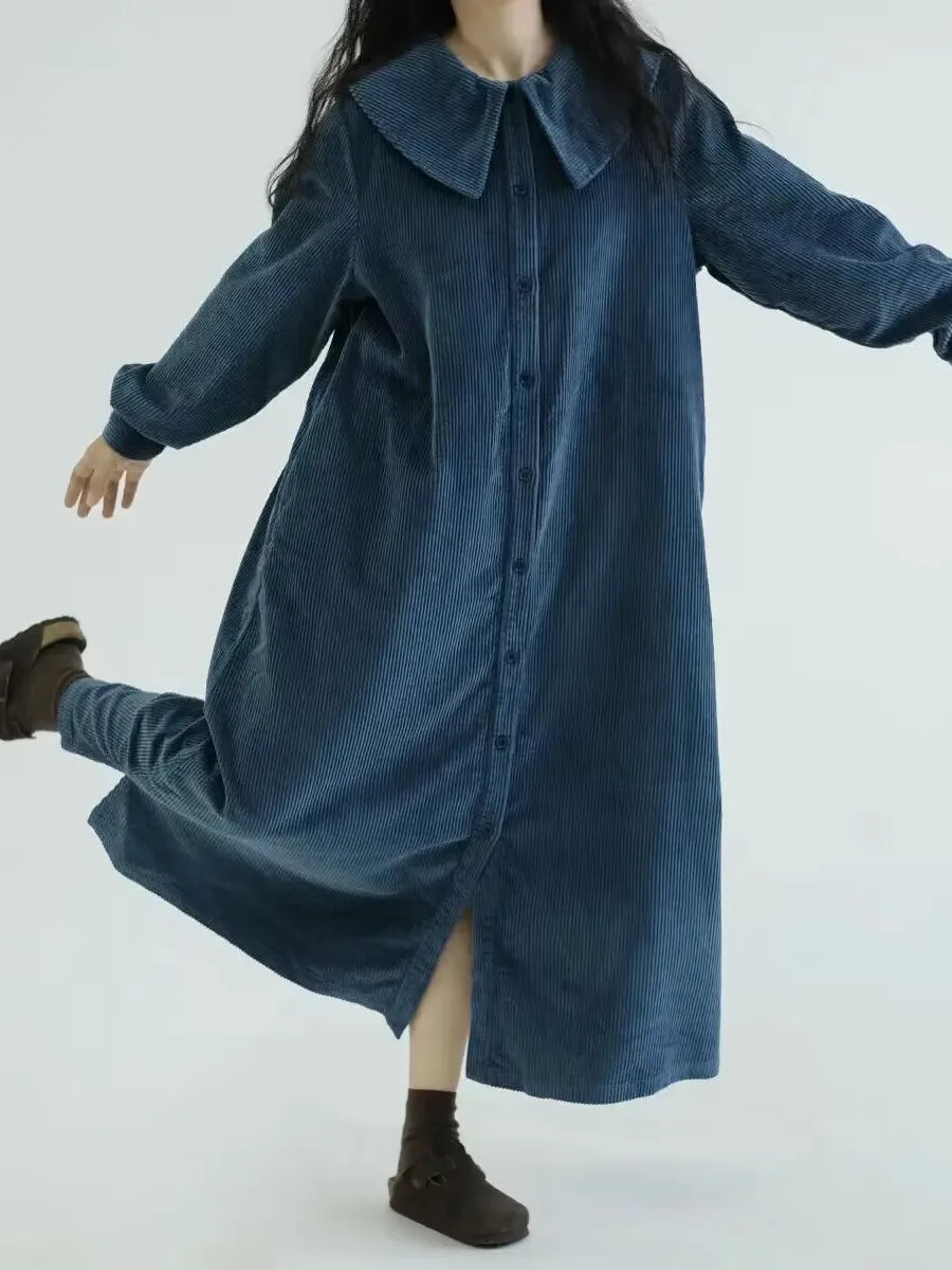 Loose Blue Velvet Long Sleeve Dress – Lotus Leaf Collar Vintage Style Casual Pure Color A-Line Women’s Dress | Spring & Autumn