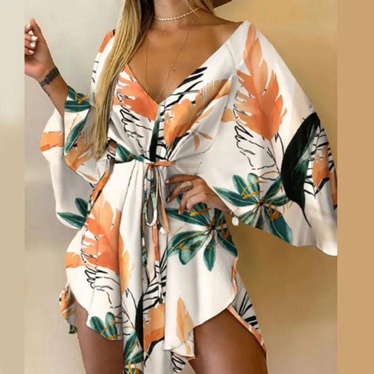 Women’s Floral Print V-Neck Bat Sleeve Dress – Sexy Bohemian Loose Mini Sundress