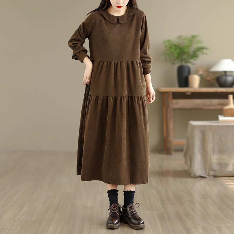 Corduroy Long Sleeve Doll Collar Dress 👗 Autumn Winter Loose A-Line Casual Midi Dress 🍂 Simple Chic Commute Dress