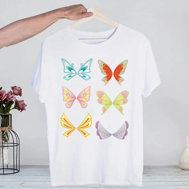 Butterfly Fairy Graphic T-Shirt | Women’s 90s Trend White Short Sleeve Tee | Casual Printed Top