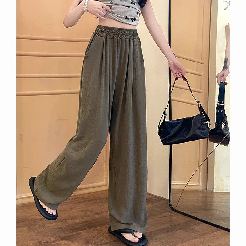 Summer Women Colorful Ice Silk Pants | High Waisted Wide Leg Trousers | Baggy Straight Leg Casual Pants