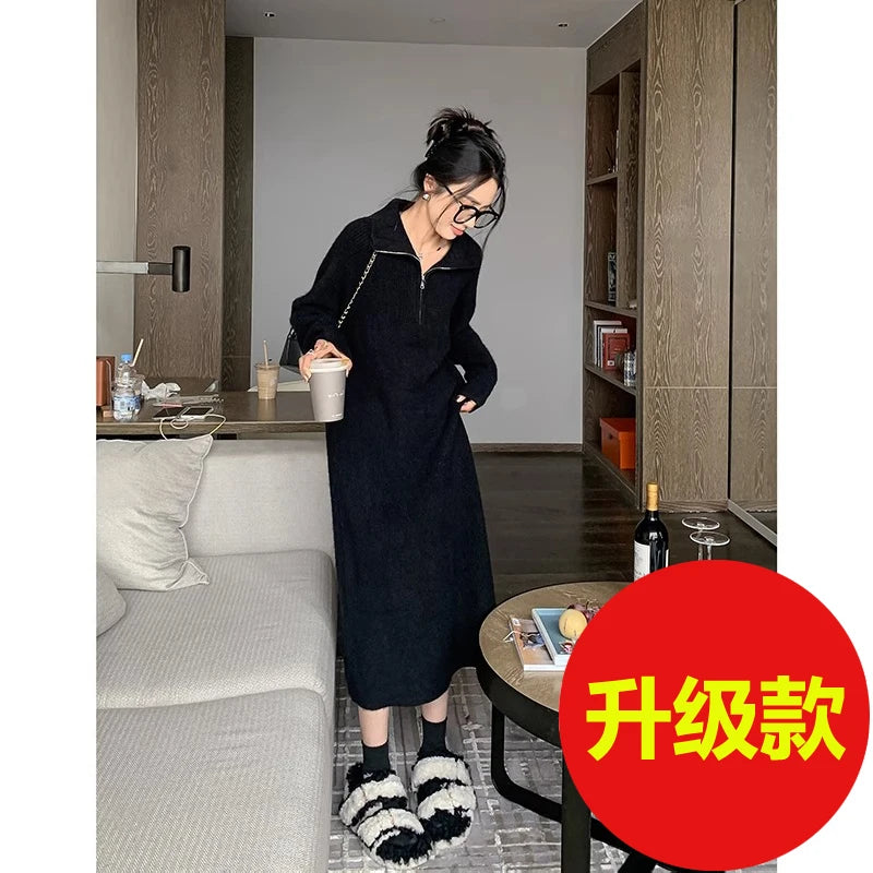 Long Sleeve Knitted Dress – Women’s Spring Autumn Loose Sweater Dress | Lazy Sleeve Inner Wear Polyester Comfy Dress