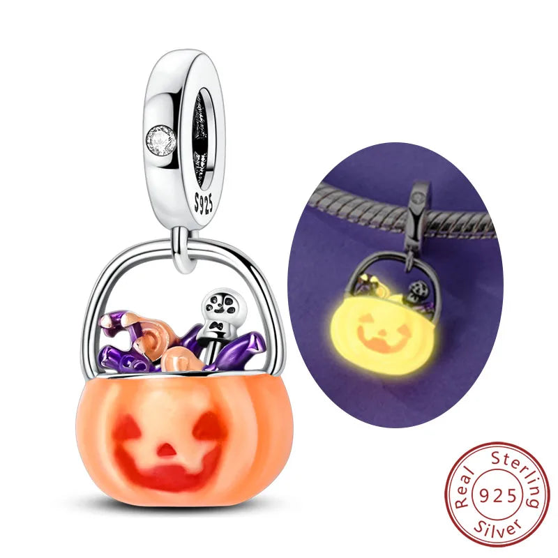 Halloween 925 Sterling Silver Charm Bead – Pumpkin, Witch, Skeleton, Mummy & Candy Pendant for DIY Original Bracele