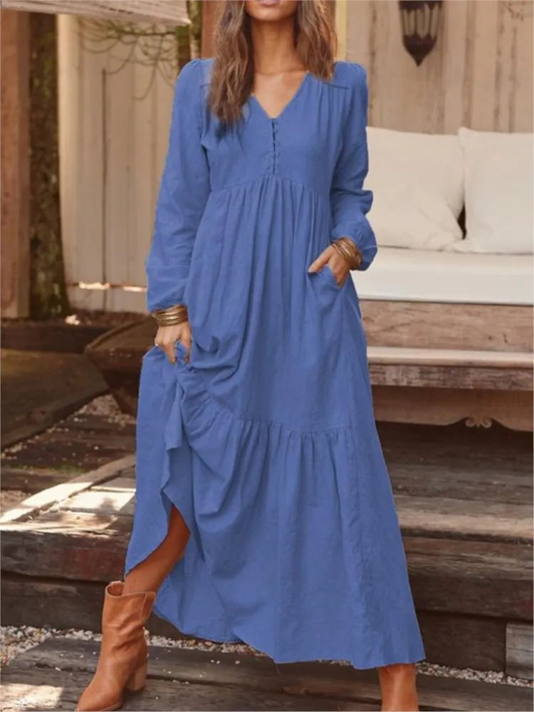 New Autumn Winter Women’s Long Dress – Retro V-Neck Button Long Sleeve Cotton Dress | Wide Swing Casual Fashion