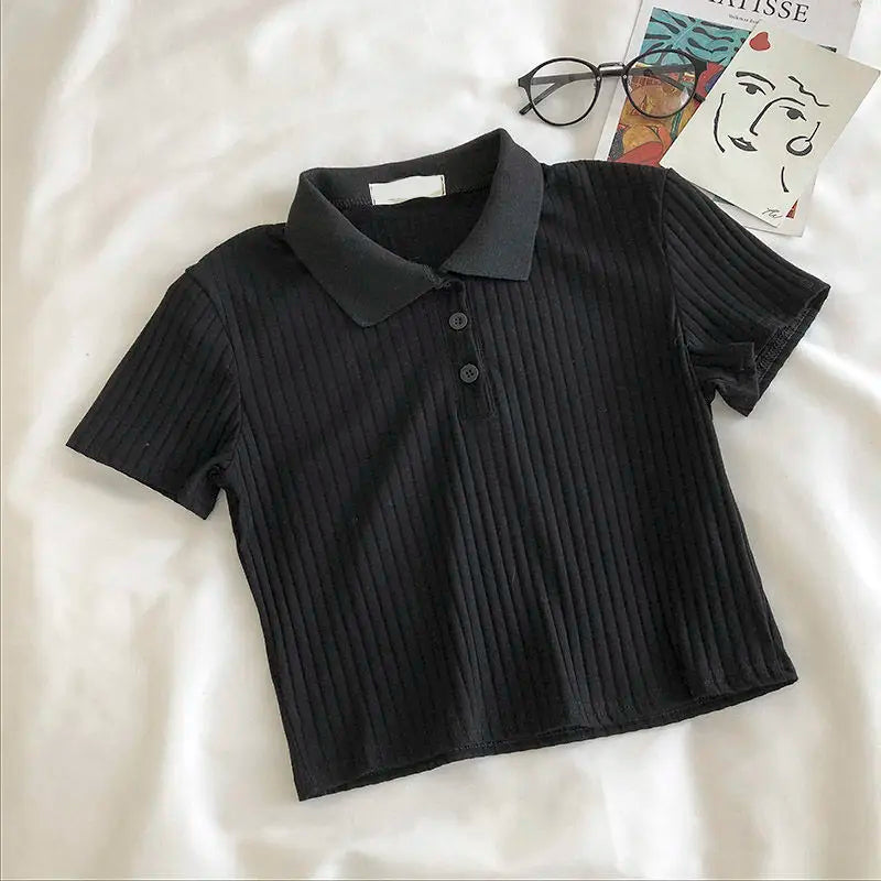 Women’s Knit Polo Neck Cropped Shirt – Summer Short Sleeve Solid Color Youthful Top 👚☀️