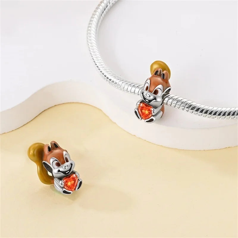 925 Sterling Silver Squirrel & Maple Leaf Charm | Shiny Zircon Autumn Beads Fit Pandora Bracelet DIY Jewelry