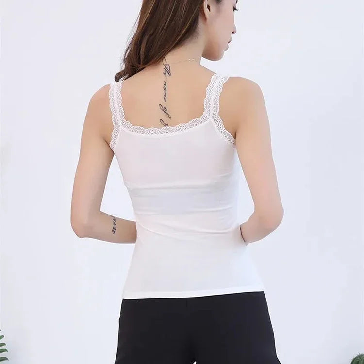 White & Black Lace Trim V-Neck Camisole | Plus Size Slim Crop Tank Top Sleep Vest