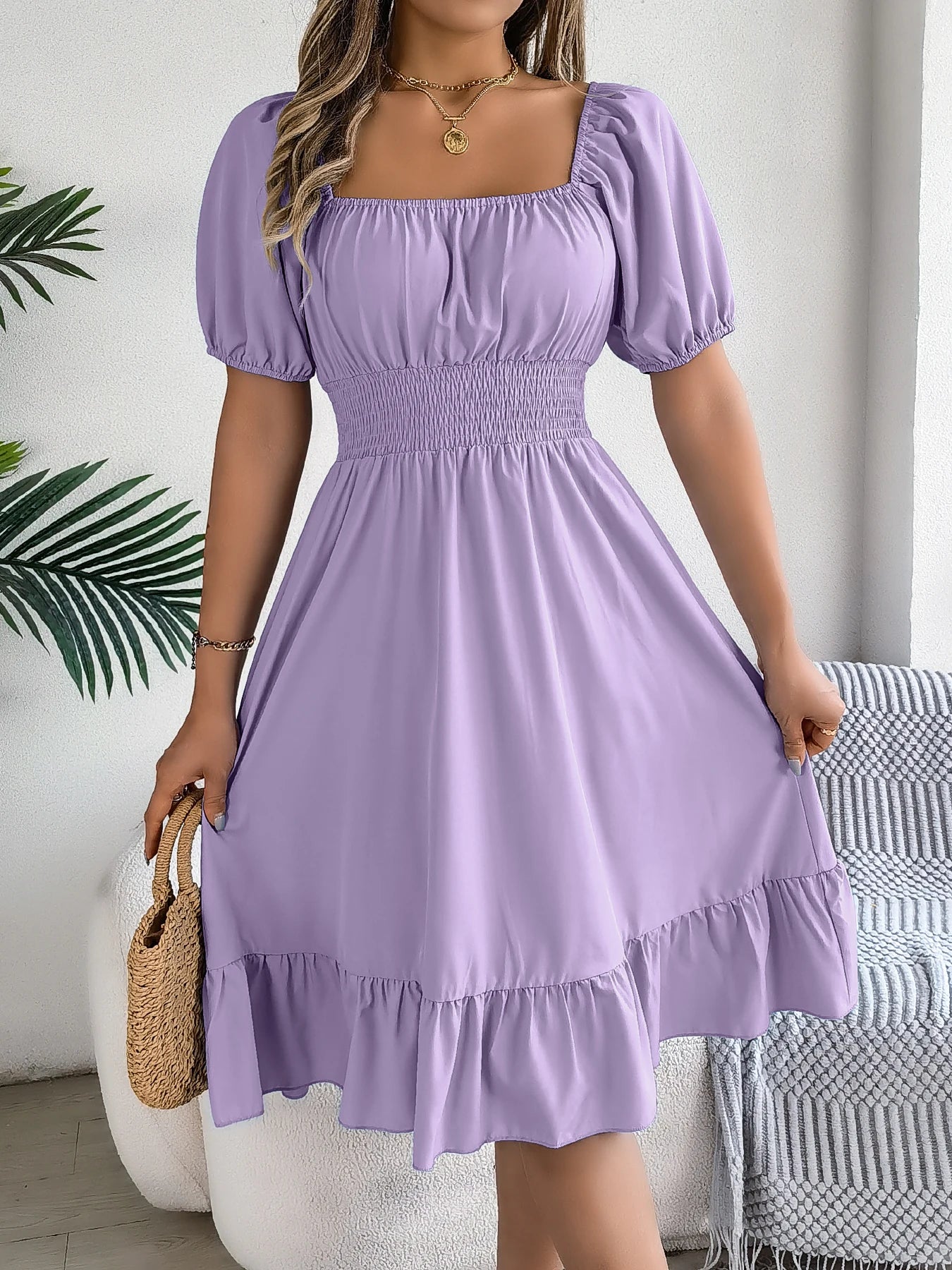 2026 Women’s Elegant High-Waisted Dress – Square Neck, Short Sleeve, Ruffled Edge Long Dress | Spring Summer Valentine’s Day