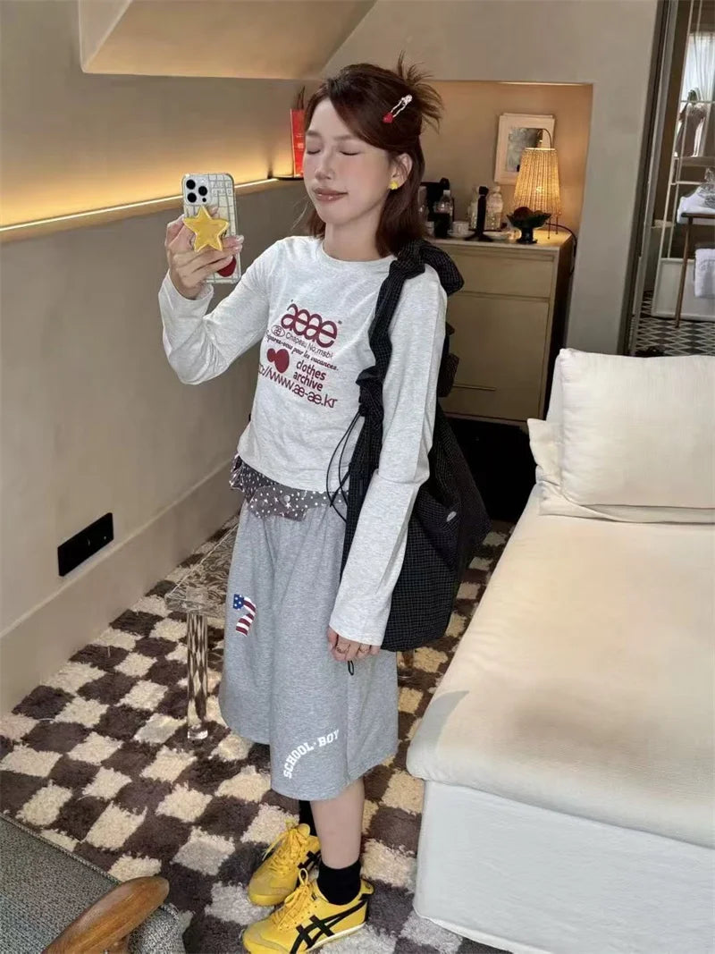 Women’s Slim Fit Round Neck Long Sleeve T-Shirt | Handmade Color Block Letter Print Base Layer Top