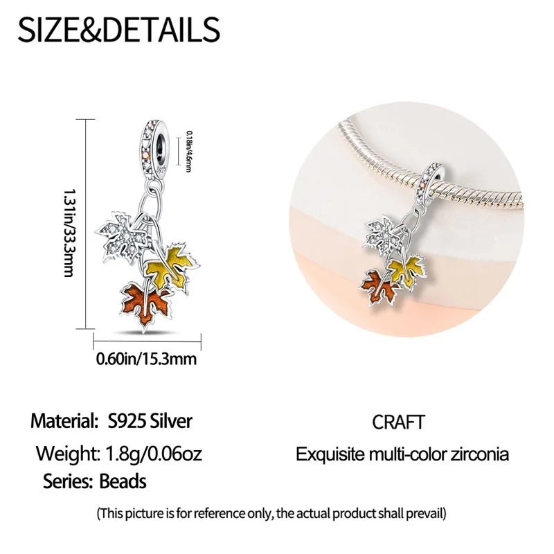 925 Sterling Silver Squirrel & Maple Leaf Charm | Shiny Zircon Autumn Beads Fit Pandora Bracelet DIY Jewelry