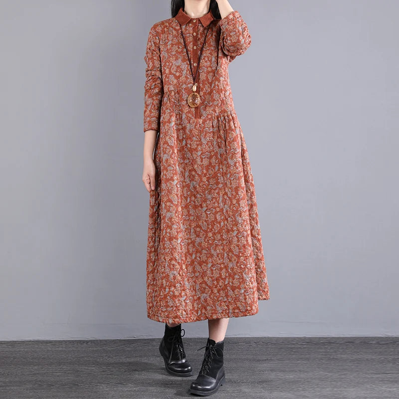 Thickened Floral Print Retro Women’s Dress – Cotton-Lined Warm A-Line Skirt with Long Sleeves & Collar | Winter Casual Dress