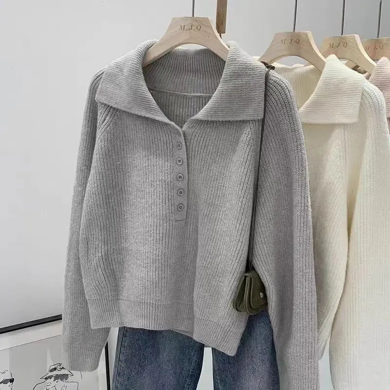 Pink Lazy Korean Style Big Collar Sweater – Women’s Autumn Winter Slim Soft Knitted Top | Sweet Loose Fit Versatile Knit