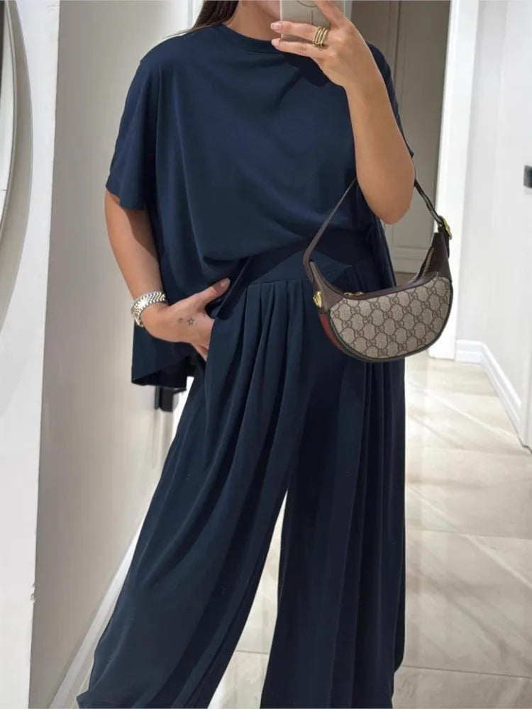 Casual Women’s 2-Piece Set – Short Sleeve T-Shirt & High Waist Wide-Leg Trousers Summer Fashion 🌿☀️