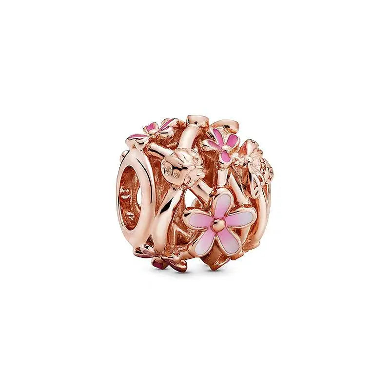925 Sterling Silver Rose Gold Pink Daisy Charm – Zircon Bead Fit Pandora Bracelet Luxury Jewelry Gift for Women