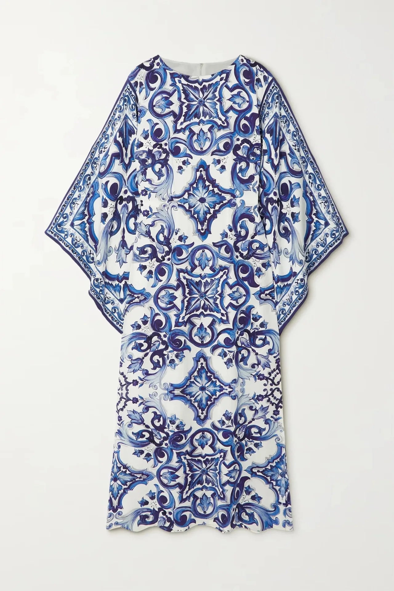 New Spring O-Neck Long Sleeve Maxi Dress for Women | Elegant Loose Commuting Dress | Blue & White Porcelain Print with Side Split
