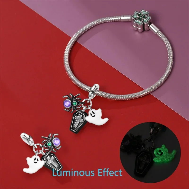 925 Sterling Silver Halloween Luminous Skull & Pumpkin Charms | Fits Original Pandora Bracelet | Party DIY Jewelry Gift
