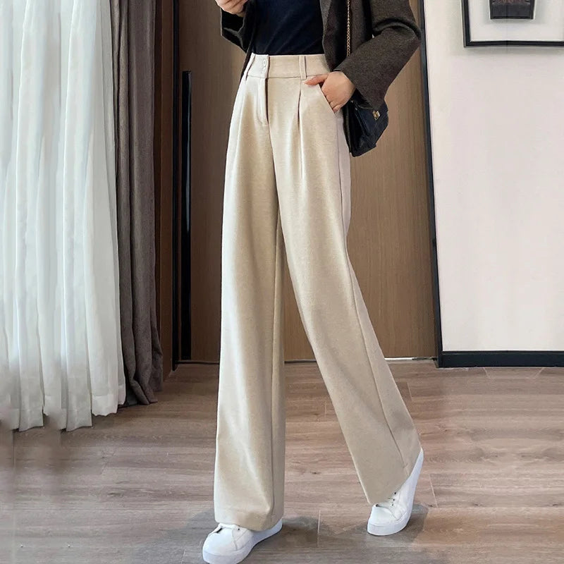 2024 Autumn Winter Women’s Woolen Wide Leg Pants – High Waist Thick Draping Trousers
