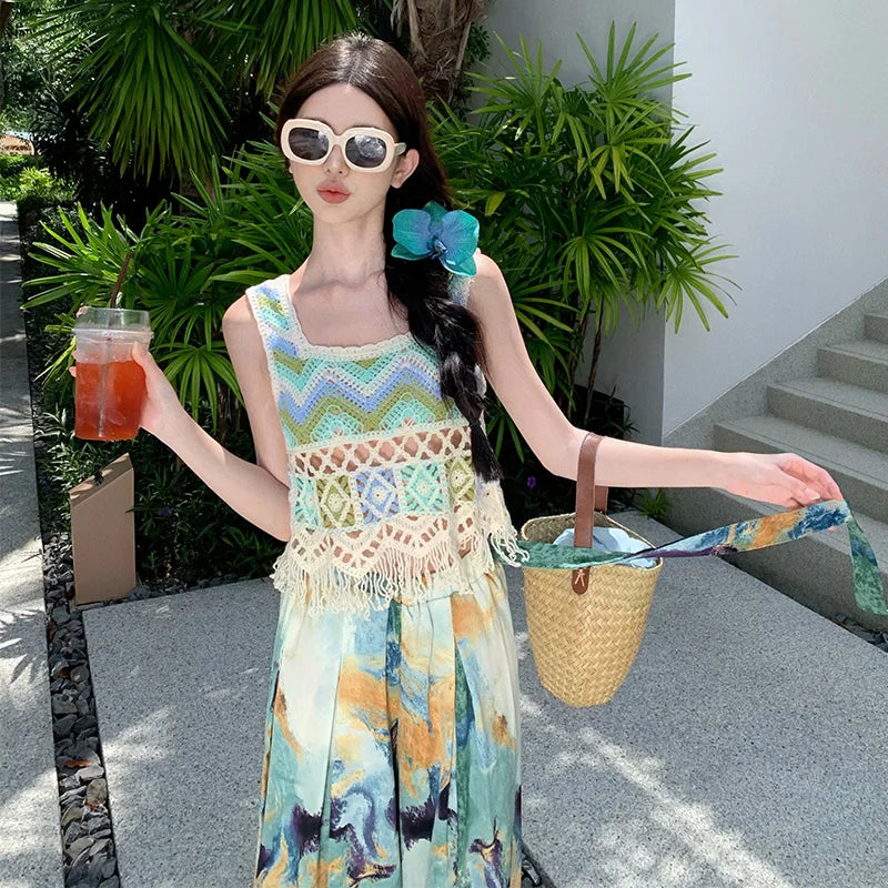 Vacation Style High Waist Wide Leg Pants – Thin Long Ethnic Print Pants for Beach & Holiday Wear