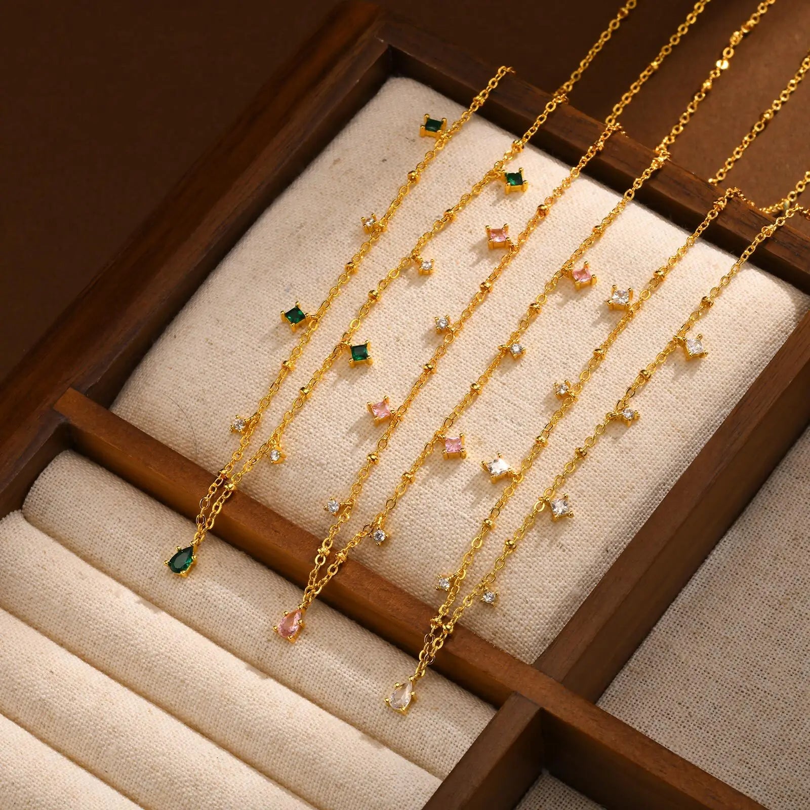 Zirconia Charms Necklace for Women – CZ Dangle Choker Bezel Station Gold Plated Jewelry