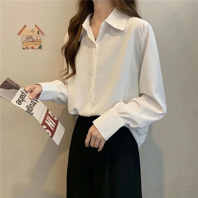 Women’s Chiffon White Shirt – Korean Fashion Loose Long Sleeve Elegant Office Blouse 🤍✨