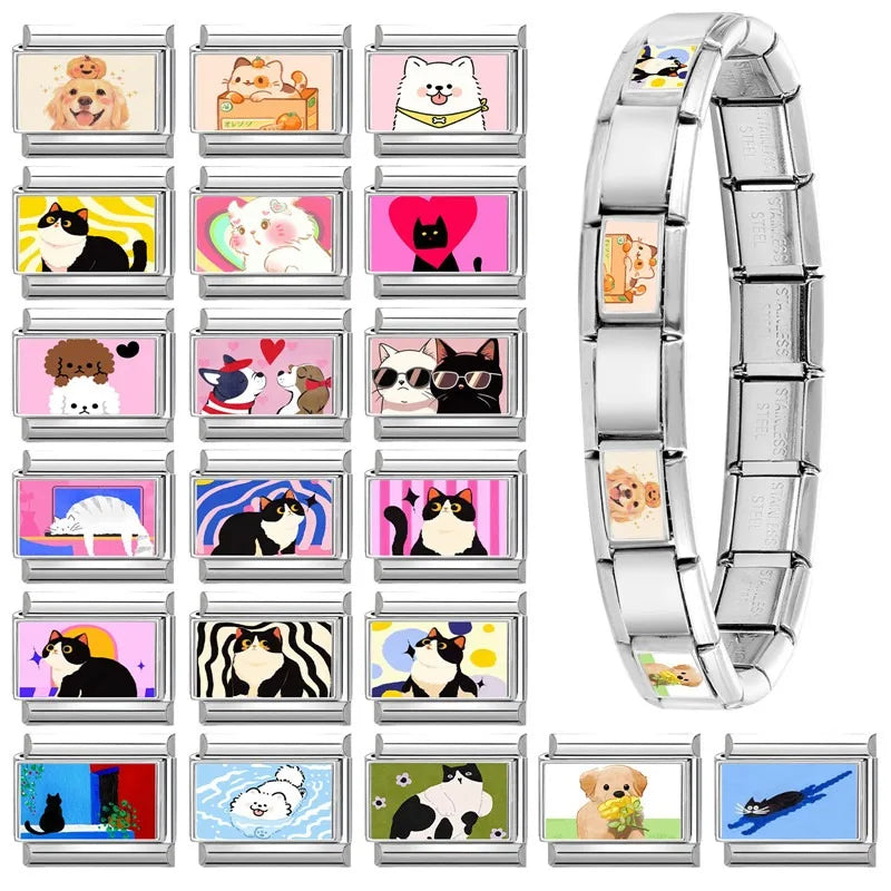 2025 Original Y2K Colorful Cute Cartoon Cats Dogs Italian Charm Links Fit 9mm Stainless Steel Bracelet Men Women DIY Making Gift