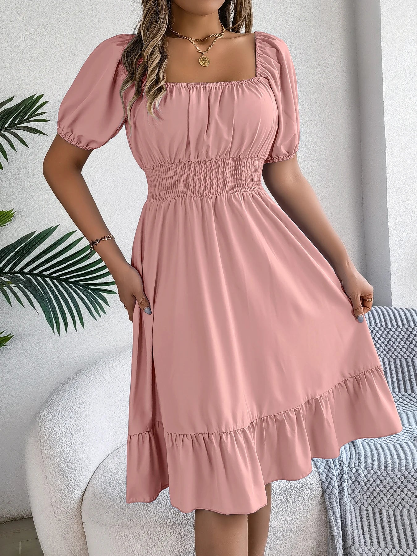 2026 Women’s Elegant High-Waisted Dress – Square Neck, Short Sleeve, Ruffled Edge Long Dress | Spring Summer Valentine’s Day