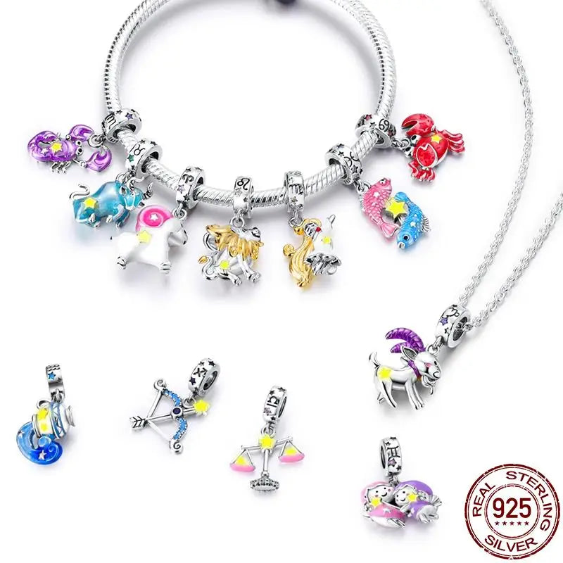 Original 925 Sterling Silver 12 Constellation Luminous Charm | Fits Pandora 3mm Bracelet DIY Jewelry Gift for Women