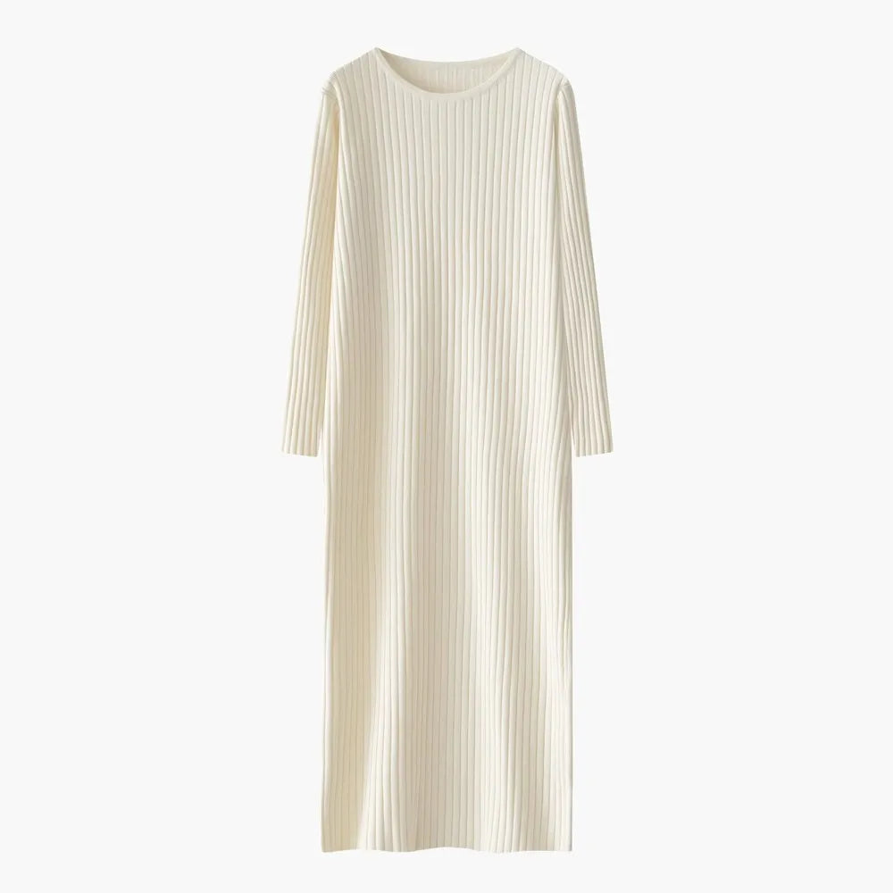 Elegant Knitted Midi Dress for Women – Knee-Length Base Layer Dress, Autumn Winter Polyester One-Step Skirt