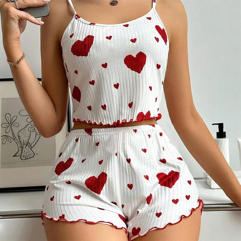 Women’s 2-Piece Pajamas Set – Short Tank Top & Shorts Sleepwear, Soft Casual Ventilated Loungewear with Love Print