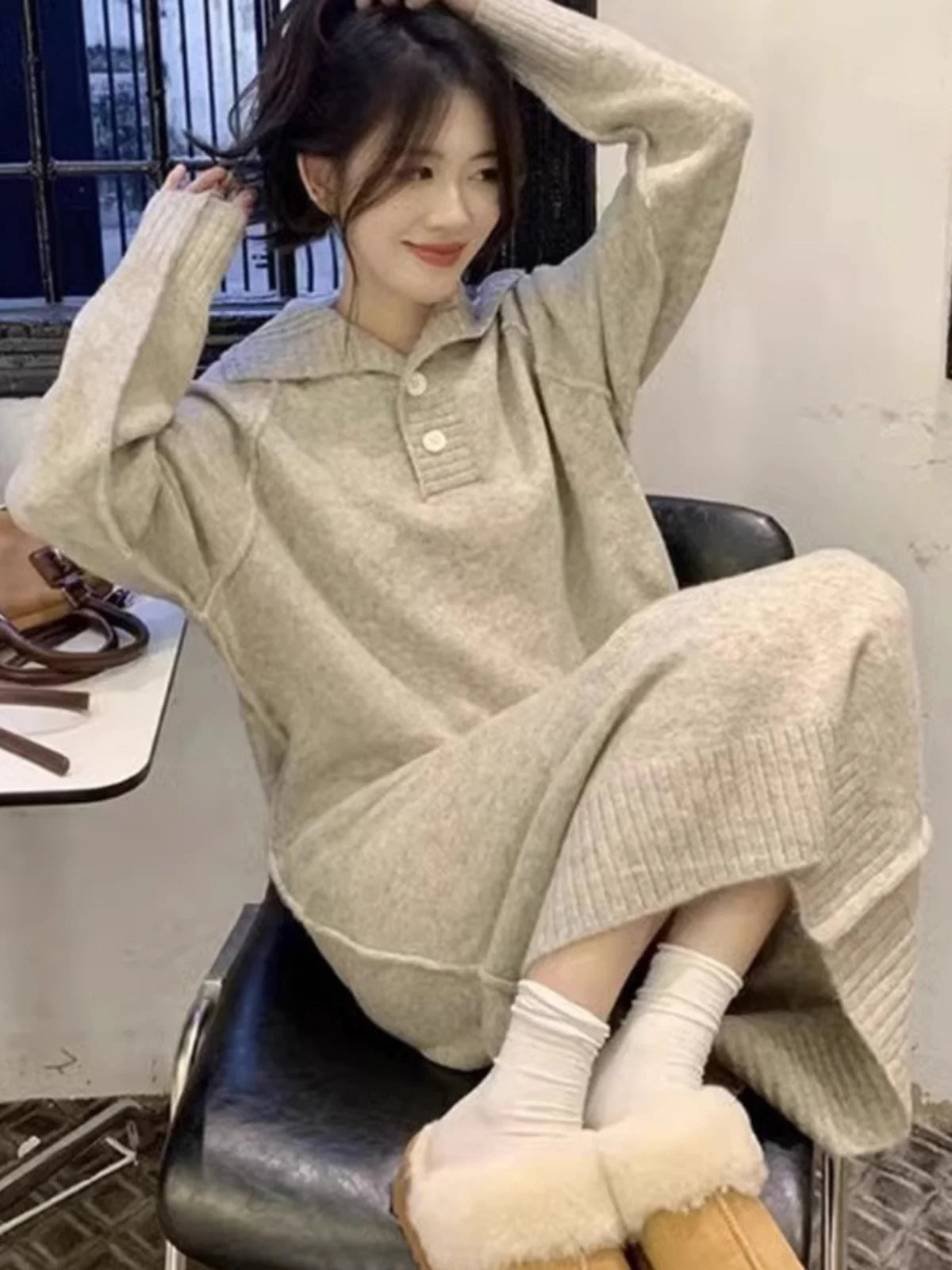 Women’s V-Neck Knitted Dress – Loose Fit Mid-Length Knee-Over Sweater Dress, Autumn Winter Base Layer Inner Wear