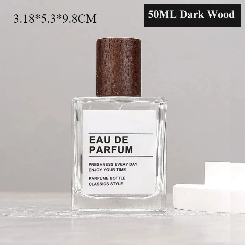 30ml / 50ml Refillable Perfume Bottle – Empty Glass Flat Square Spray Container | Portable Travel Cosmetic Bottle with Wooden Lid