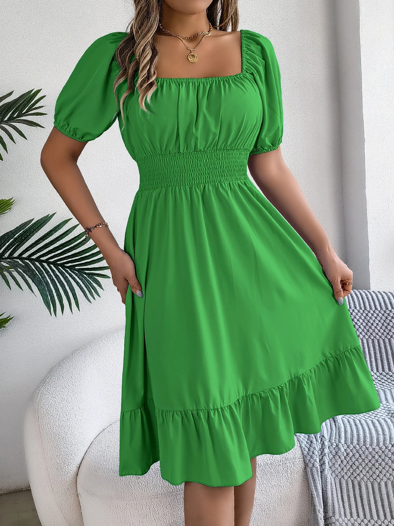 2026 Women’s Elegant High-Waisted Dress – Square Neck, Short Sleeve, Ruffled Edge Long Dress | Spring Summer Valentine’s Day