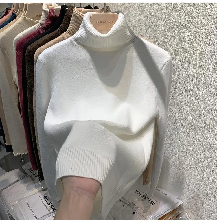 2025 Women’s High Collar Pullover Sweater – Thick Warm Soft Winter Top | Solid Color Bottoming Shirt