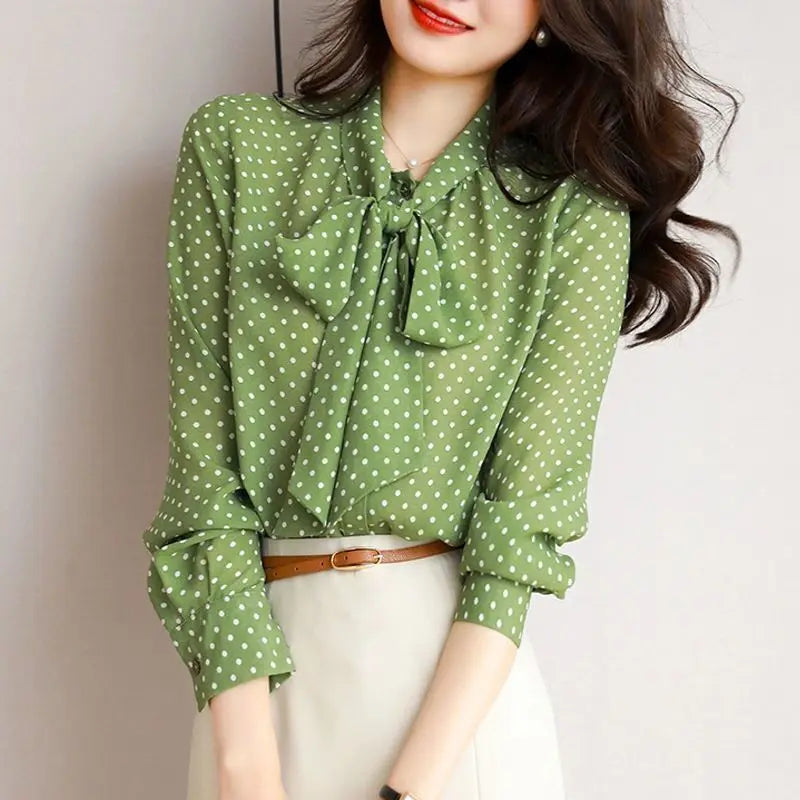 Spring Autumn Women’s Shawl Collar Long Sleeve Blouse – Bow Polka Dot Print Elegant Thin Shirt 🌸✨