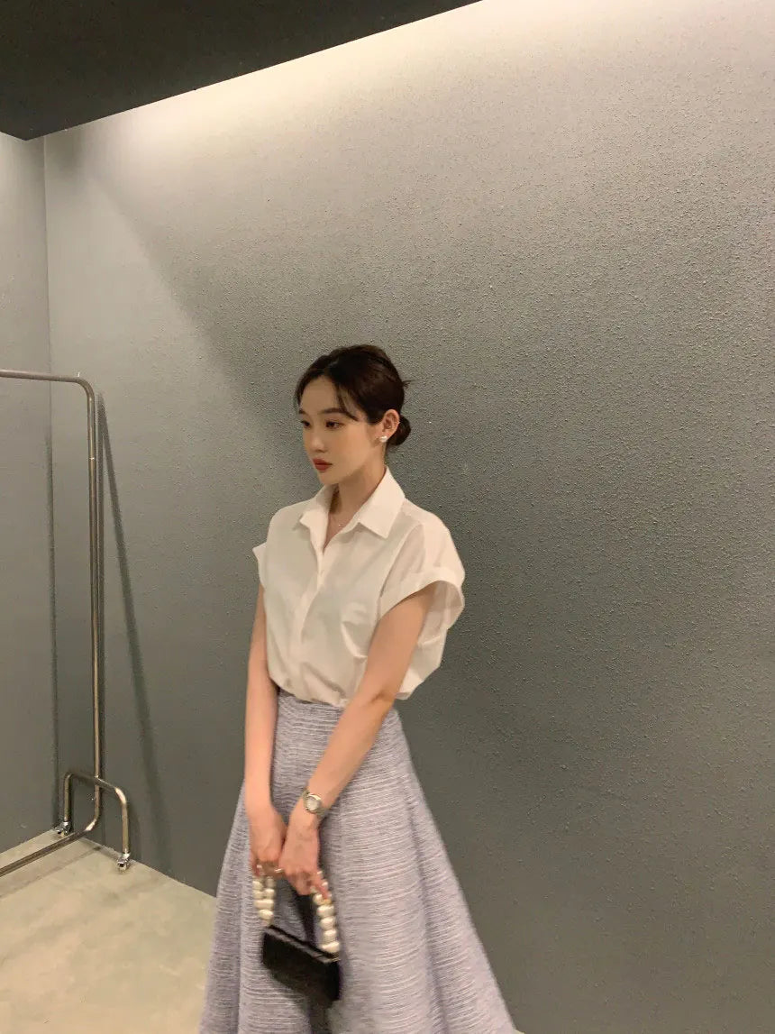 Chic Summer Loose Women’s Shirt | Classic Pure Color Professional Blouse with Small Lapel Collar