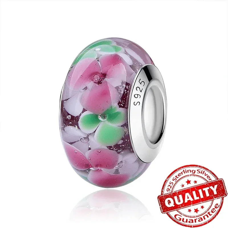 925 Sterling Silver Murano Glass Galaxy & Clover Heart Beads | Fit Pandora Bracelet DIY Jewelry Gift for Mum