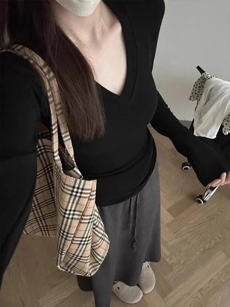 Women's Fleece-Lined Long Sleeve T-Shirt ❄️ Sweet Slim Fit U-Neck Top 👚 Autumn Winter Warm Fashion