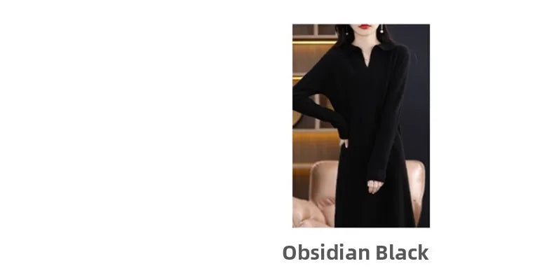 Women’s Mid-Length Knitted Wool Dress – High Collar Long Sleeve Casual Autumn Commute Dress for Ladies