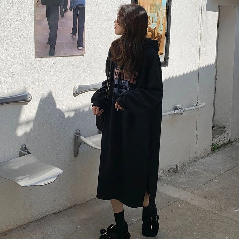 Winter Thiened Fleece Sweatshirt Dress – Printed Midi Skirt Hoodie Dress, Lazy Long Sleeve Outerwear for Young Women