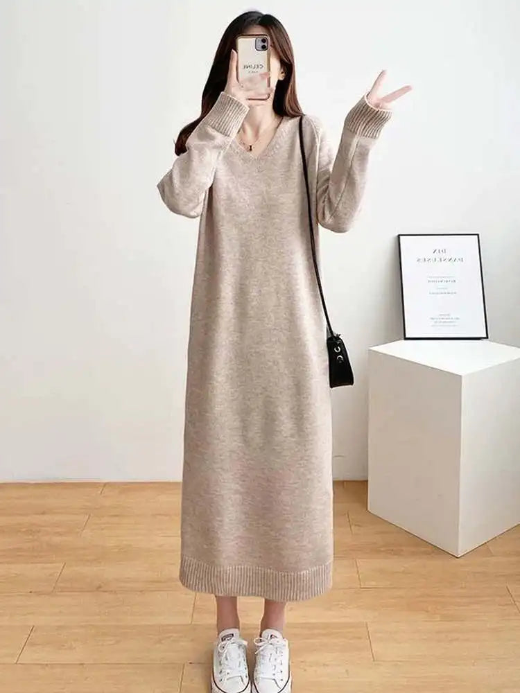 Ladies’ Knitted V-Neck Dress – Loose Fit Base Layer Skirt, Casual Straight Tube Korean Style Autumn Winter Dress