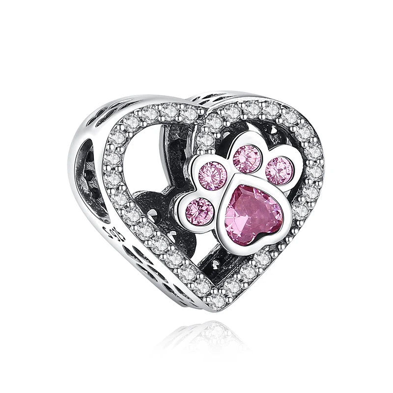 925 Sterling Silver Love Pets Dog Cat Paw Print Charm Beads for Women