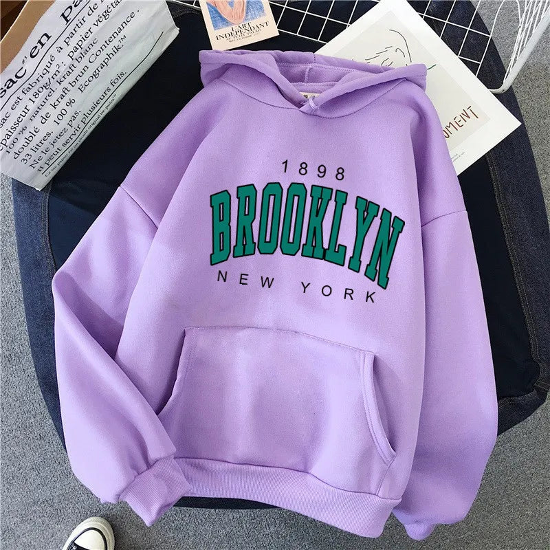 Brooklyn Printed Women's Hoodie | Fleece Loose Sweatshirt | Spring Autumn Winter Couple Pullover Coat
