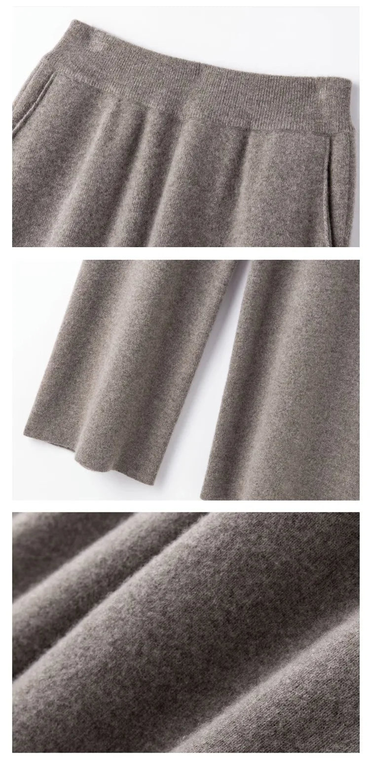Elegant Women’s High Waist Wide-Leg Pants – Baggy Straight Knitted Trousers with Pockets