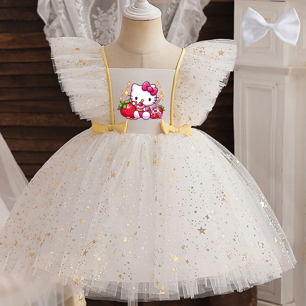 ✨ Hello Kitty Princess Dress for Girls 👑 Sequined Star Tutu Gown 🎀 Ruffle Bow Kids Party & Prom Dress