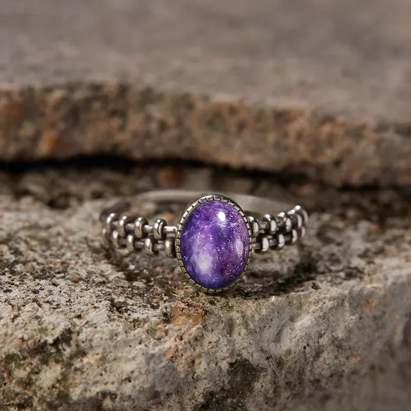 S925 Sterling Silver Gear Chain Ring with Black Onyx – Vintage Punk Style Unisex Jewelry Gift for Men & Women