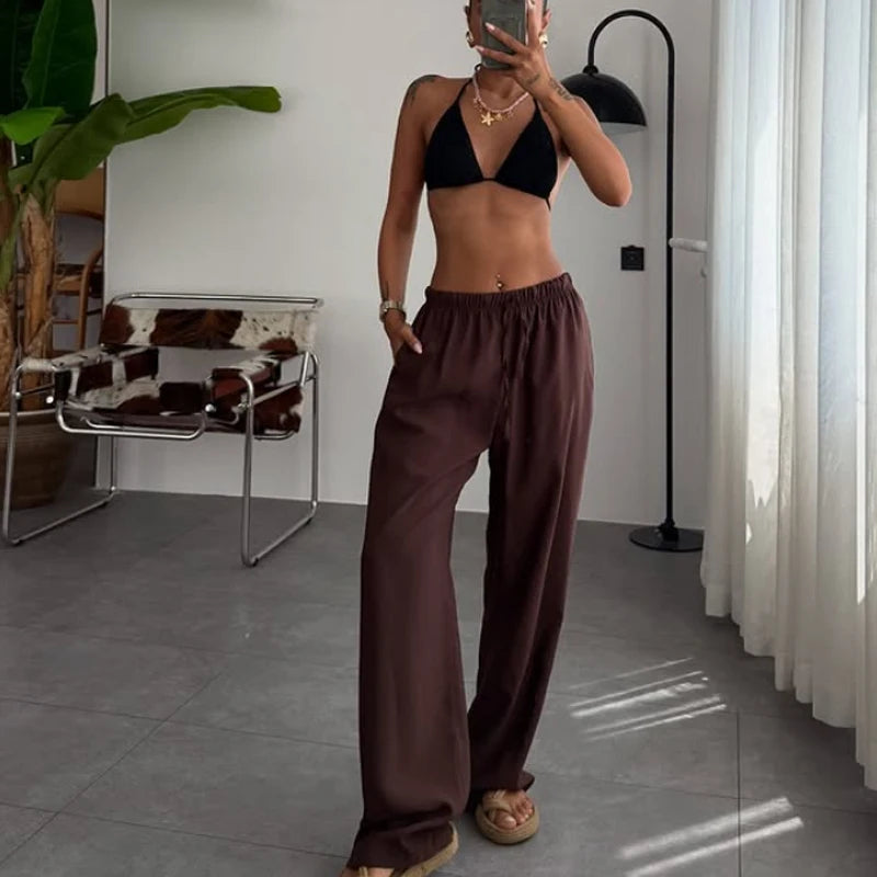 HXAO Women’s Baggy Wide Pants – Summer Linen Casual High Waist Pleated Trousers Black & White