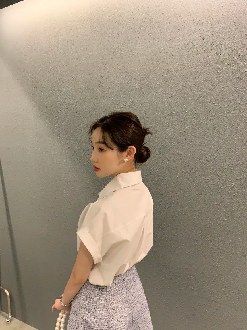 Chic Summer Loose Women’s Shirt | Classic Pure Color Professional Blouse with Small Lapel Collar