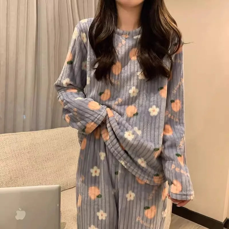 Adorable Sweet Coral Fleece Thiened Autumn Winter Loungewear Set – Women’s Casual Home Clothes | Long Pants Comfortable Leisurewear